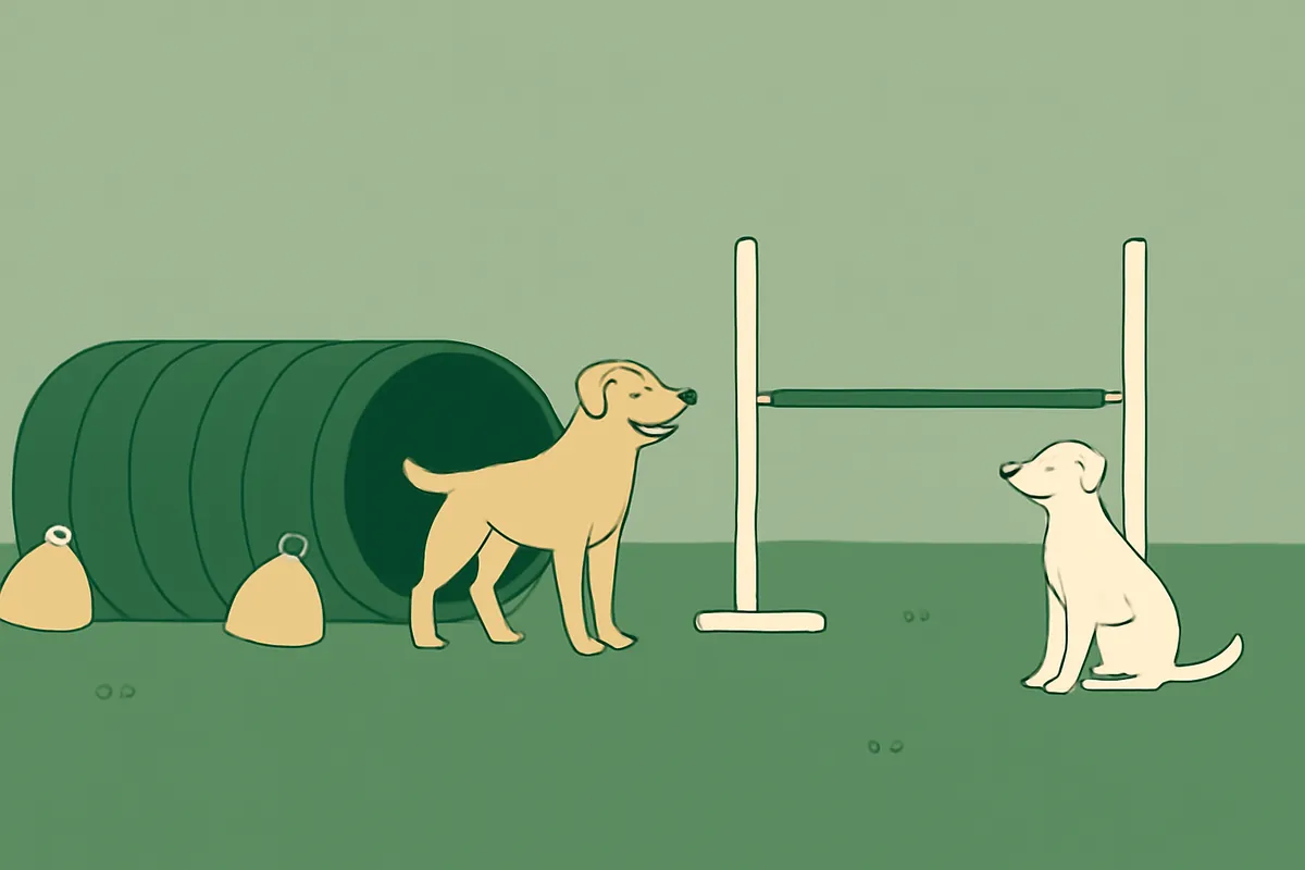 An agility tunnel held in place with sandbags beside a jump with a single bar, two calm dogs waiting nearby on even grass