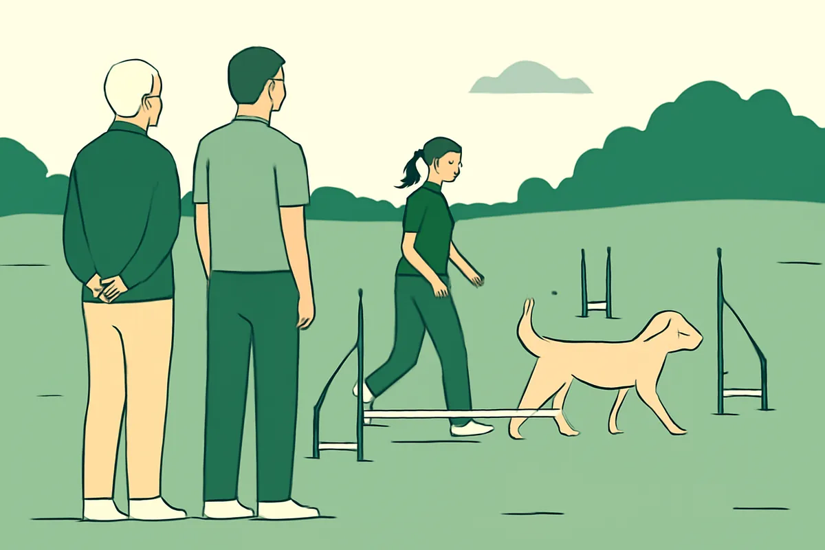 An experienced agility instructor and a younger instructor at the edge of a training field, watching a handler and dog walk past a row of jumps