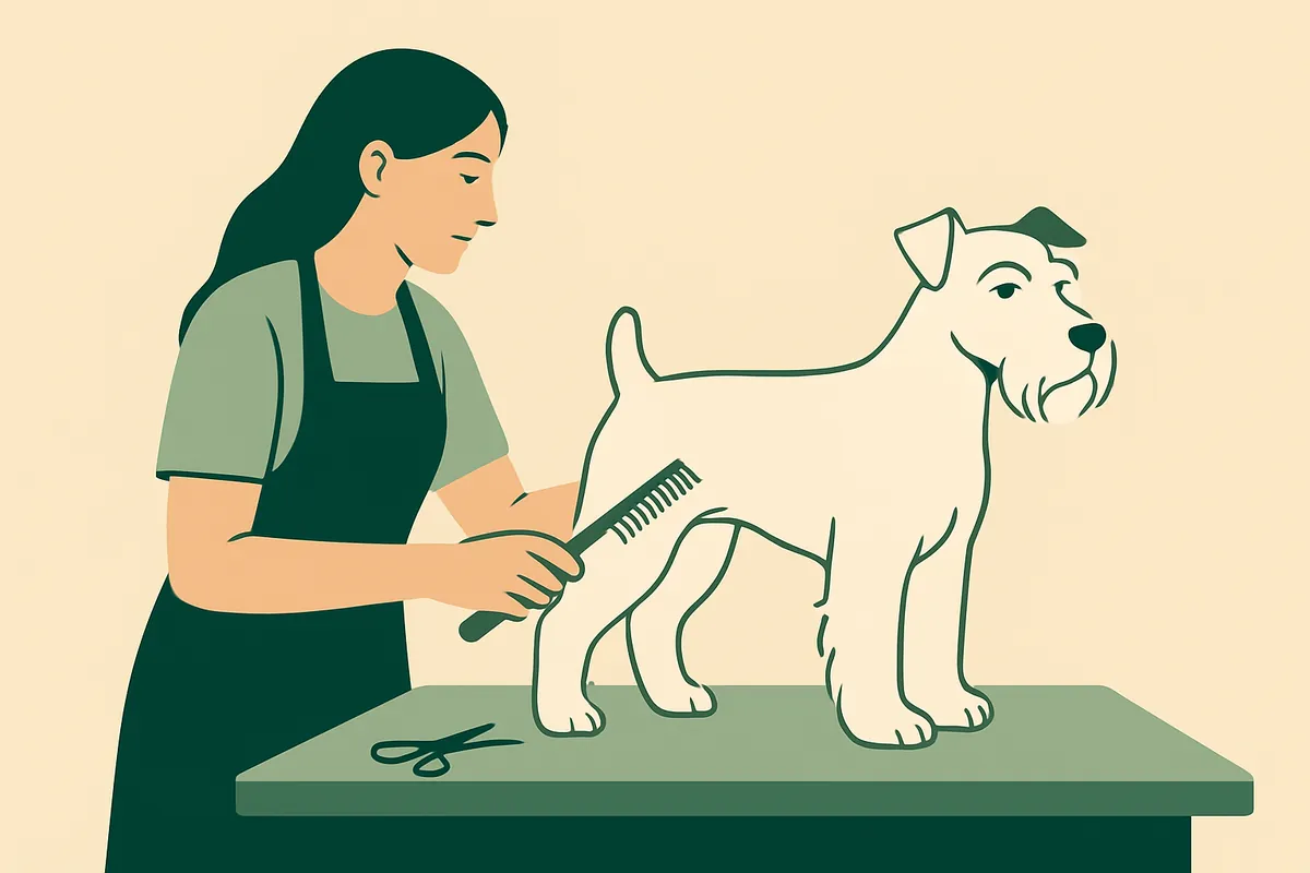 A groomer combing out the legs of a calm schnauzer on a grooming table