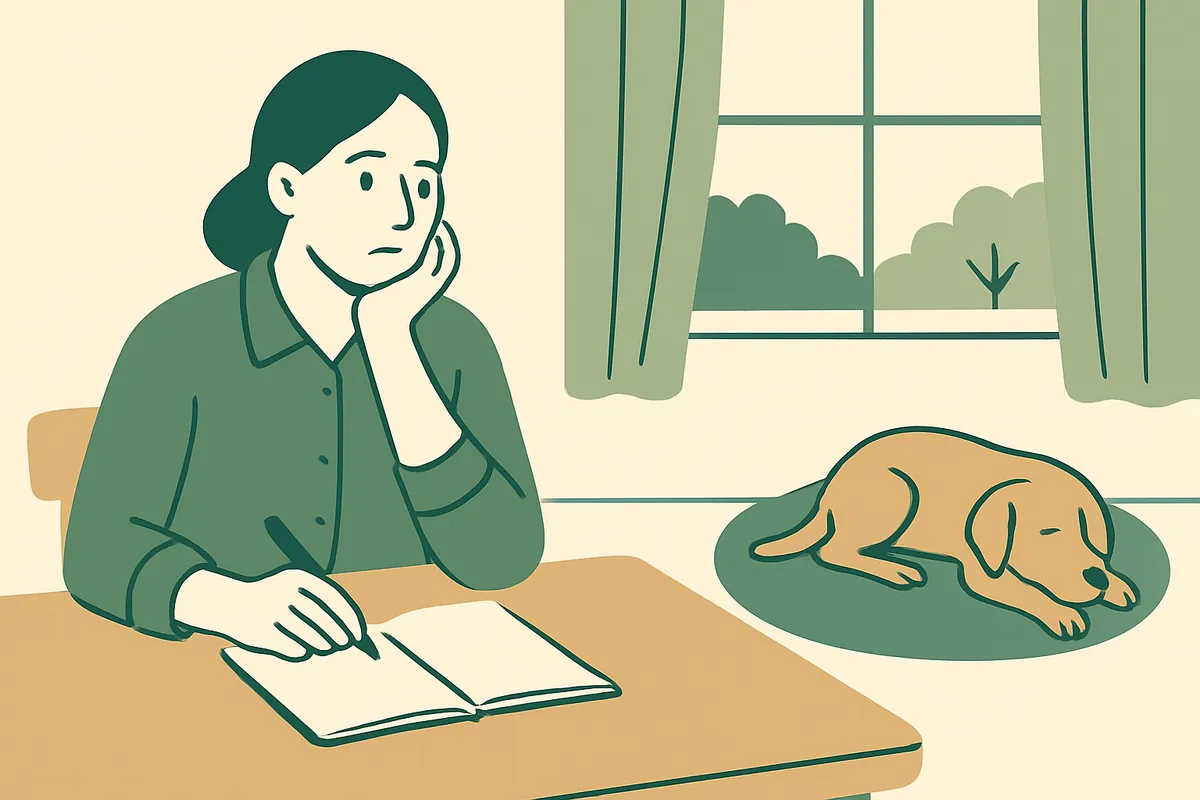 A breeder at a kitchen table writing in a notebook and looking thoughtful, a dog asleep on a round bed by the window