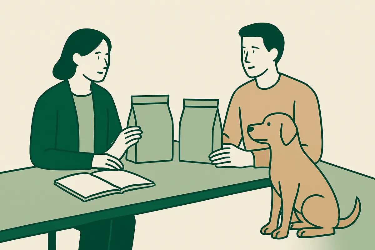 A pet nutrition consultant and an owner comparing two plain bags of dry pet food at a table, a notebook open and a dog sitting beside the owner