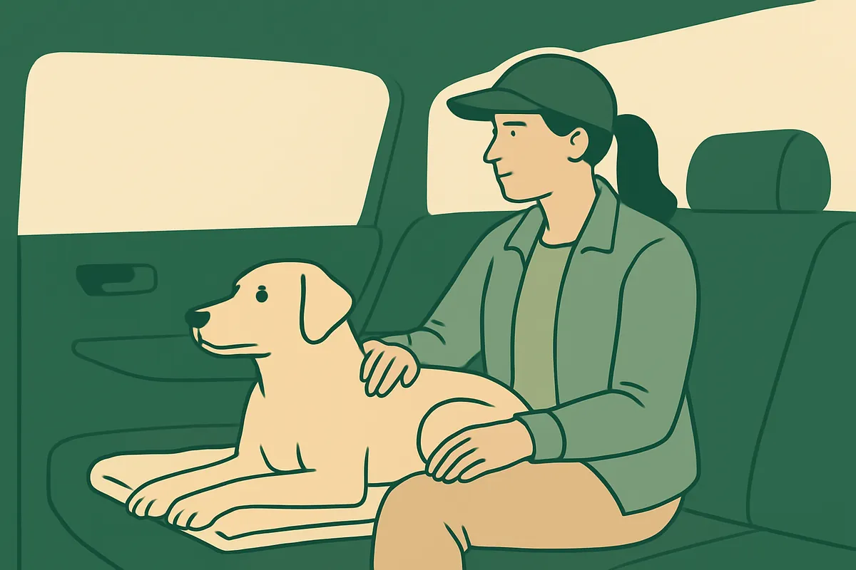 A professional sitting with a calm dog resting on a blanket in the back of a car, on the way to a veterinary clinic