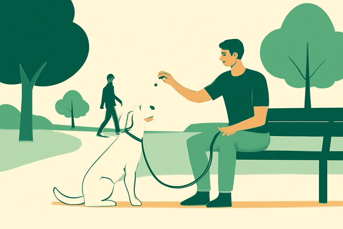 A trainer sitting on a park bench offering a treat to a dog on a loose lead, while a person walks by in the distance