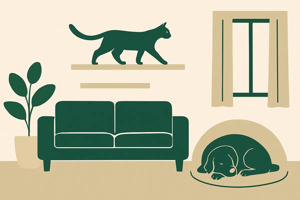 A bright living room with a cat walking along wall shelves above a sofa while a dog rests in a covered bed in a quiet corner
