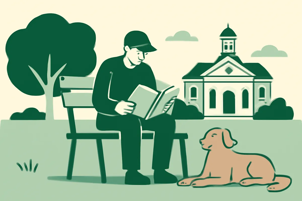 A dog trainer reading a booklet of rules on a park bench, a dog lying at their feet