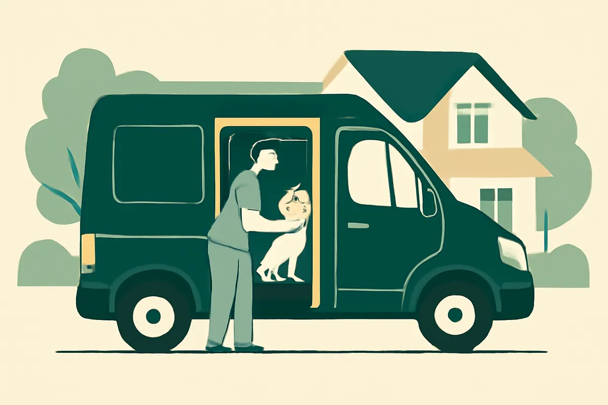 A mobile grooming van parked outside a house, a groomer lifting a small dog inside