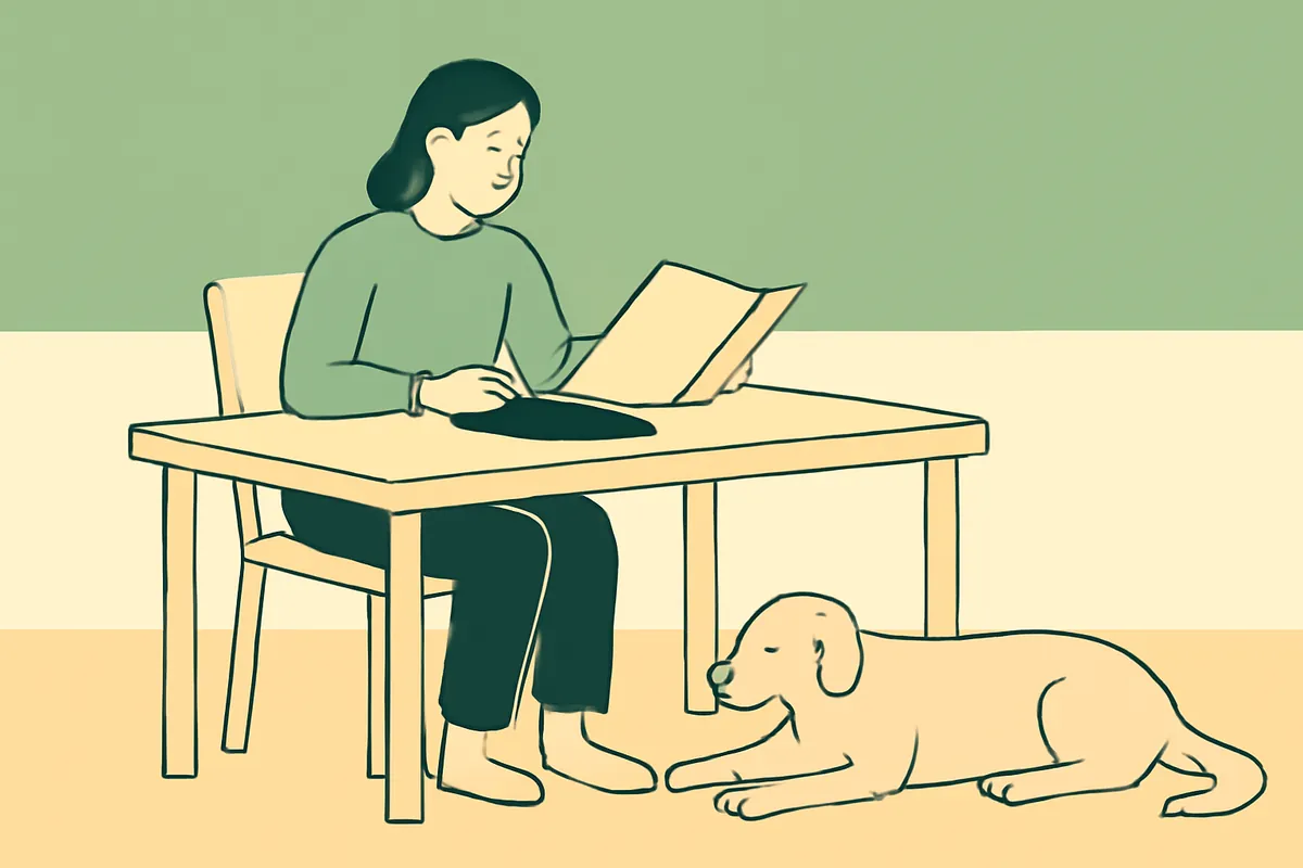 A pet sitter at a table reading through papers, a relaxed dog lying on the floor at her feet