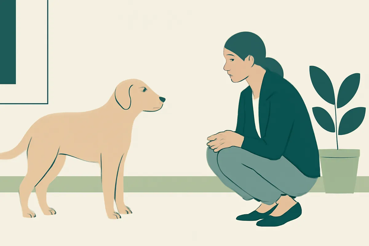 A professional crouched at a respectful distance in a bright, quiet room, letting a calm dog choose whether to approach