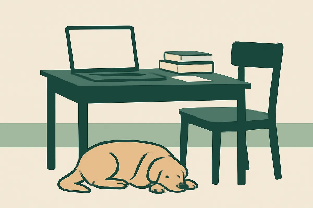 A study desk with an open laptop and a stack of plain books, a dog asleep on the floor beneath it