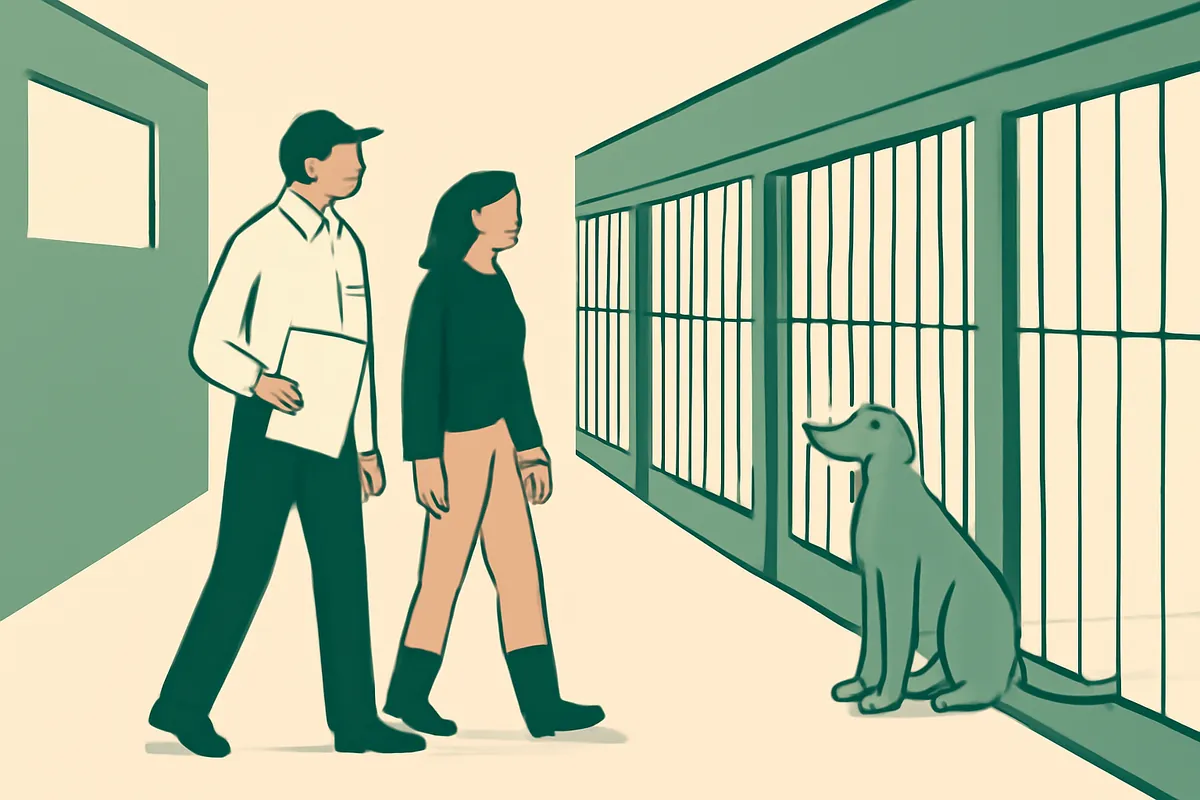 An inspector with a clipboard and a breeder walking through a clean kennel building toward a calm dog sitting beside the runs