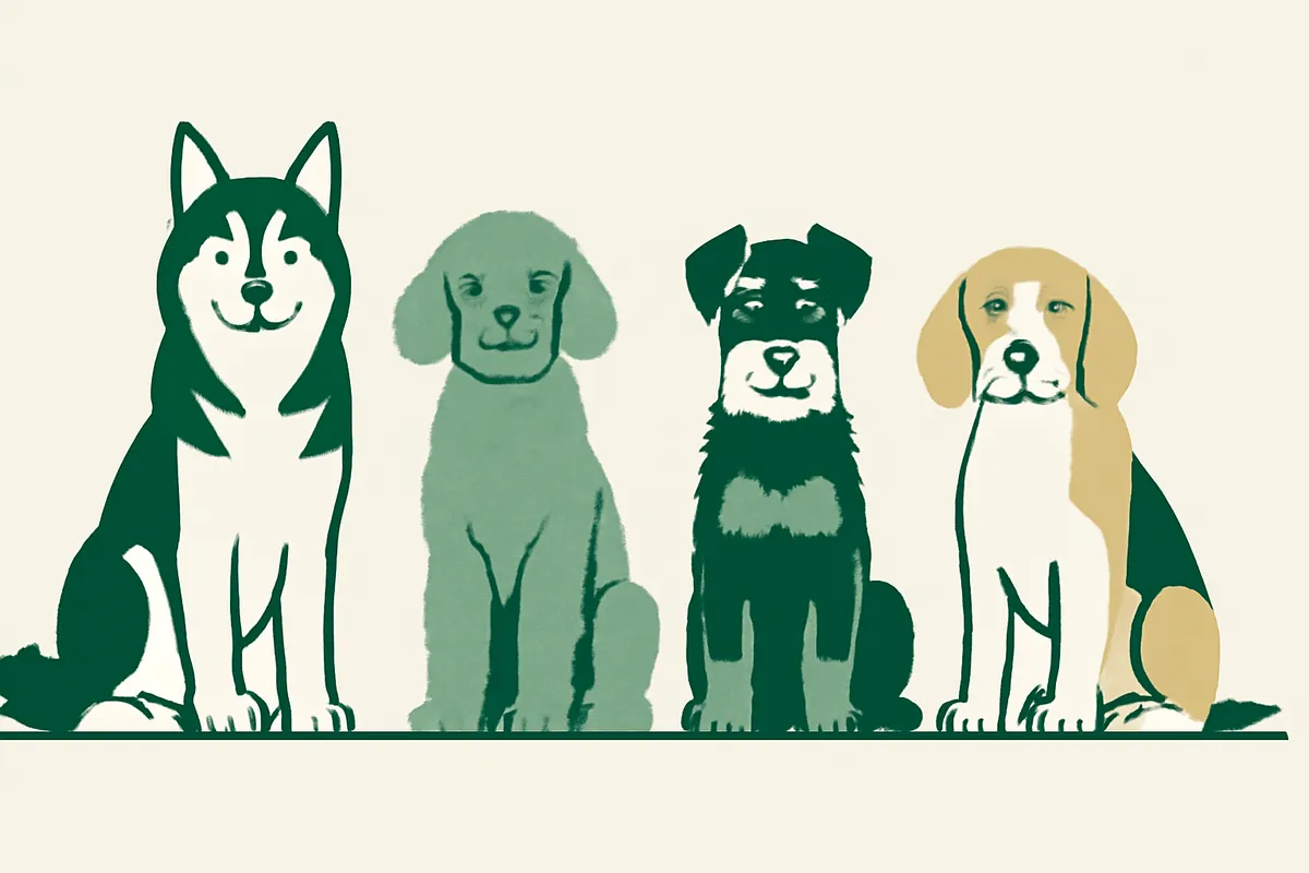 Four dogs side by side showing a double coat, a curly coat, a wire coat and a smooth coat