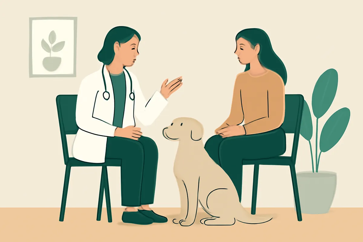 A veterinarian talking with a dog owner in a bright consulting room, a calm dog sitting beside them