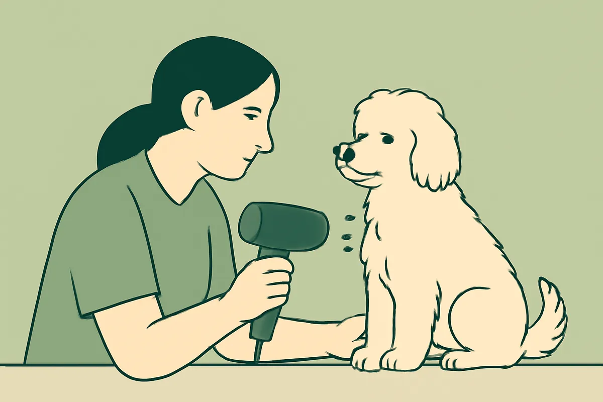 A groomer drying a small dog with a hand-held dryer while watching the dog closely