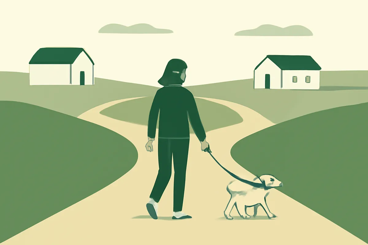 A person walking a small dog towards a fork in a country path with three routes