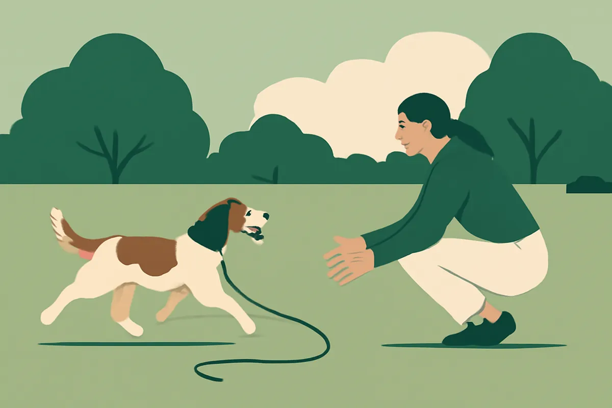 A spaniel running back to its crouching owner across a park on a long training line