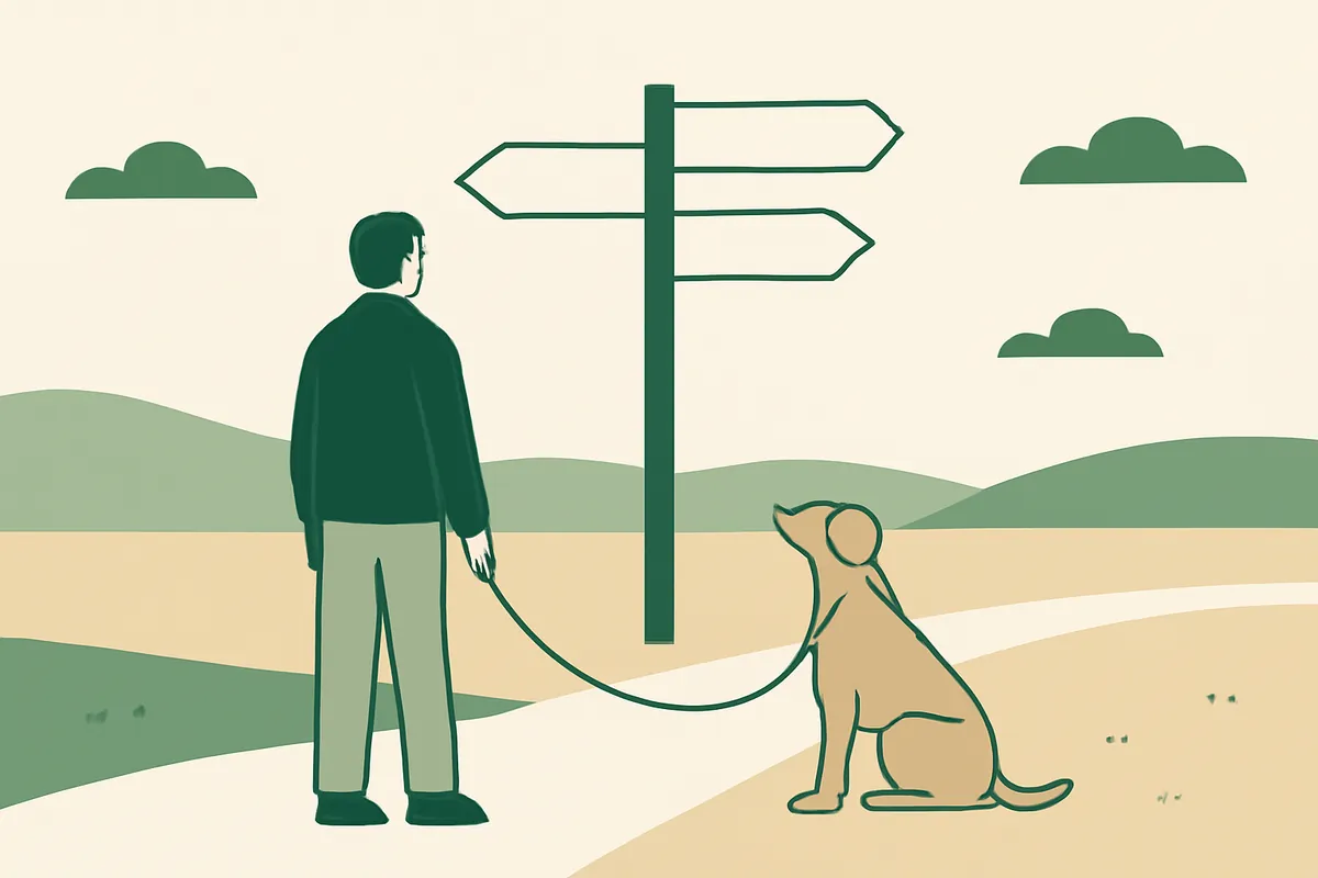 A person with a dog at a signpost pointing in four directions