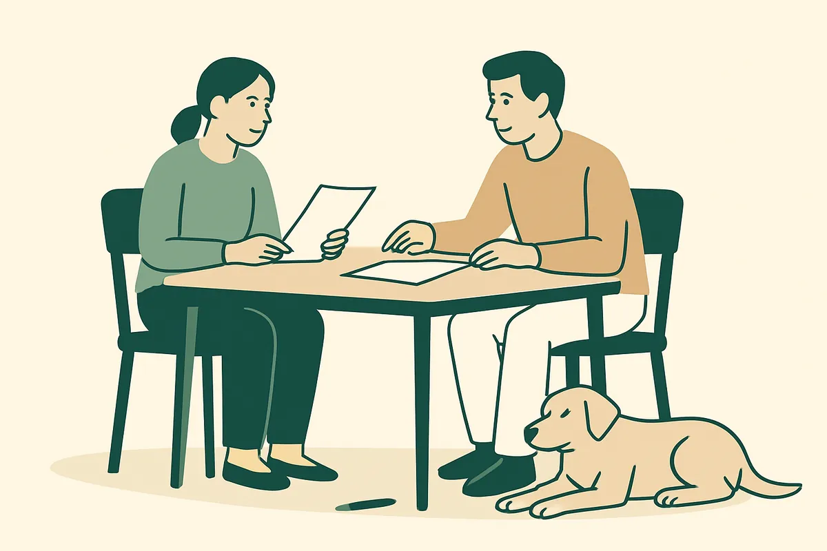 A dog trainer and a client at a table going through a service agreement, the client's dog lying on the floor beside them