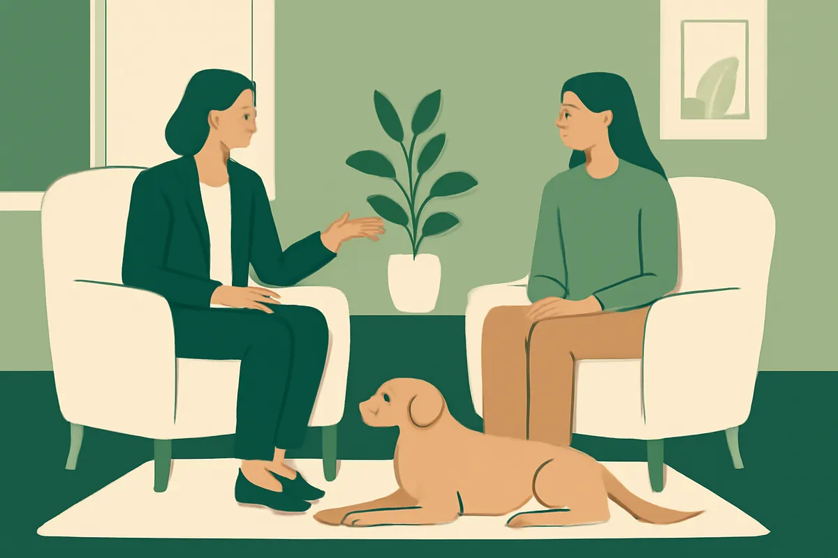 A behavior consultant and an owner talking in armchairs while a calm dog lies on a rug at the owner's feet