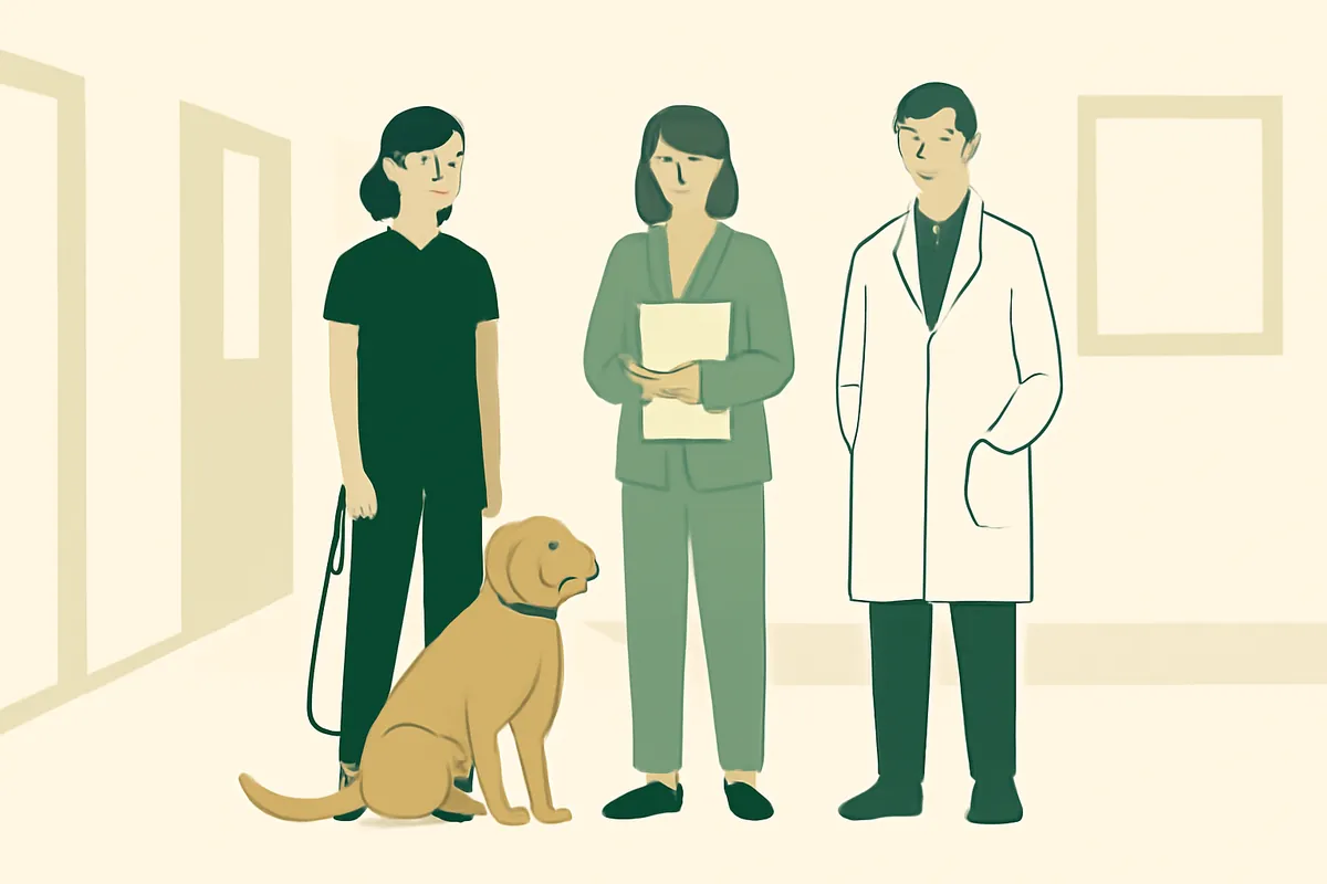 A dog trainer, a behavior consultant and a veterinarian standing together in a clinic hallway, a calm dog sitting at their feet