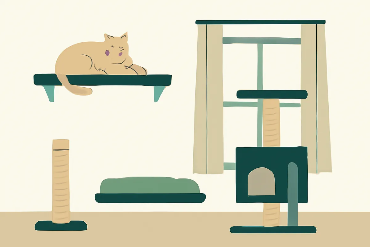 A cat resting on a high wall shelf above a window perch in a bright room, with a scratching post and a cat tree nearby