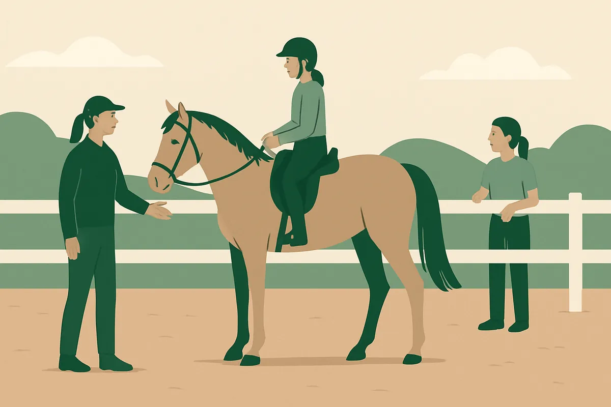An instructor teaching a young rider on a calm horse in an outdoor arena while another student watches