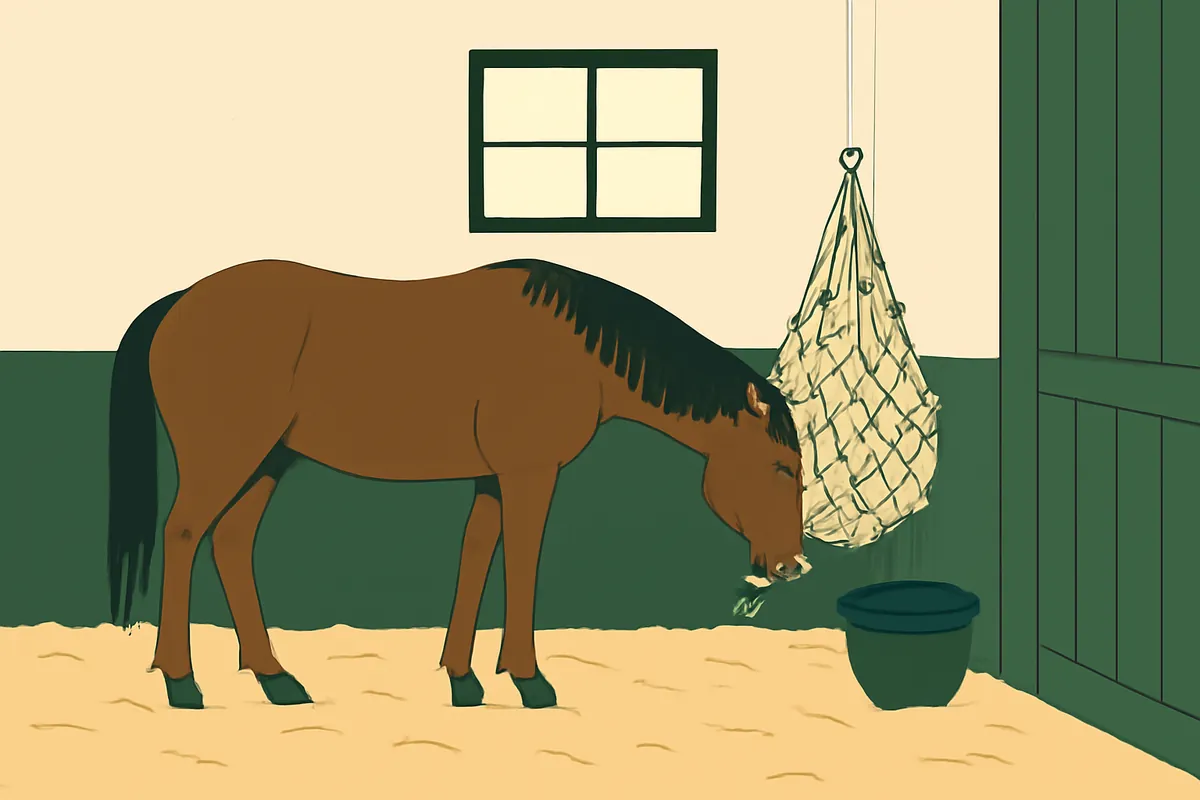 A horse eating hay from a haynet in a clean stable with a full water bucket beside it