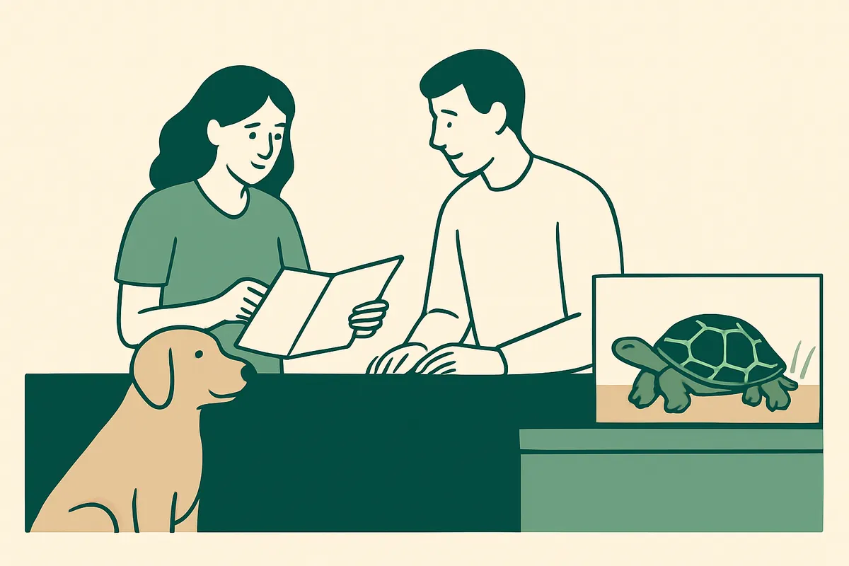 An exotic pet professional at a shop counter going through paperwork with a customer, a dog sitting nearby and a tortoise in an enclosure beside them