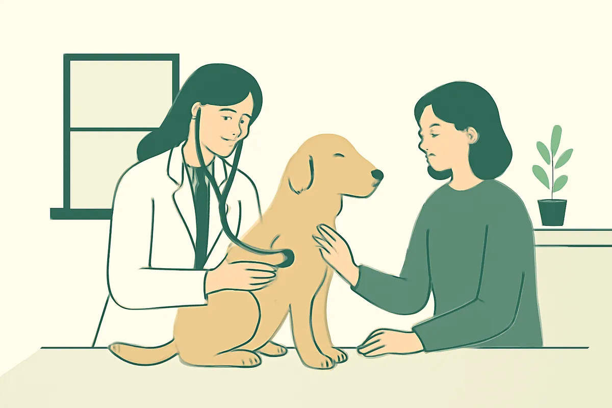 A veterinarian listening to a calm dog's chest with a stethoscope while the owner rests a hand on the dog