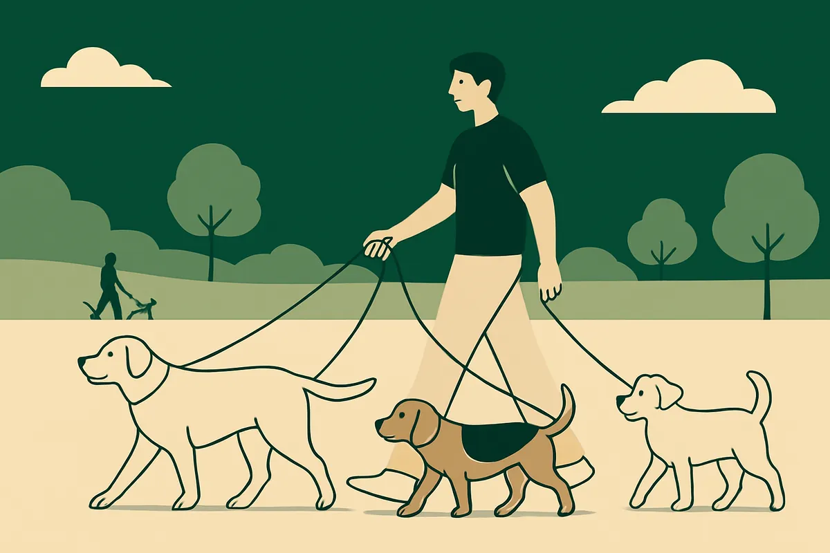 A dog walker with three dogs of different sizes on separate loose leads in an open park, another person and dog far in the distance