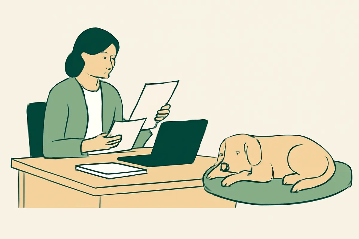 A breeder at a desk reading through health records, a calm adult dog resting on a bed beside the desk