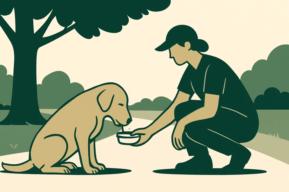 A dog walker crouching on a park path near a tree, offering water from a small bowl to a calm dog