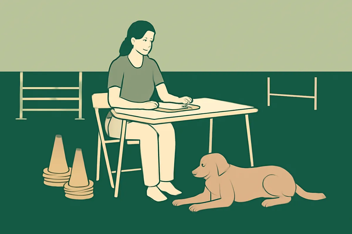 An agility instructor at a folding table on the edge of the field planning a class, cones stacked beside her and a dog lying at her feet