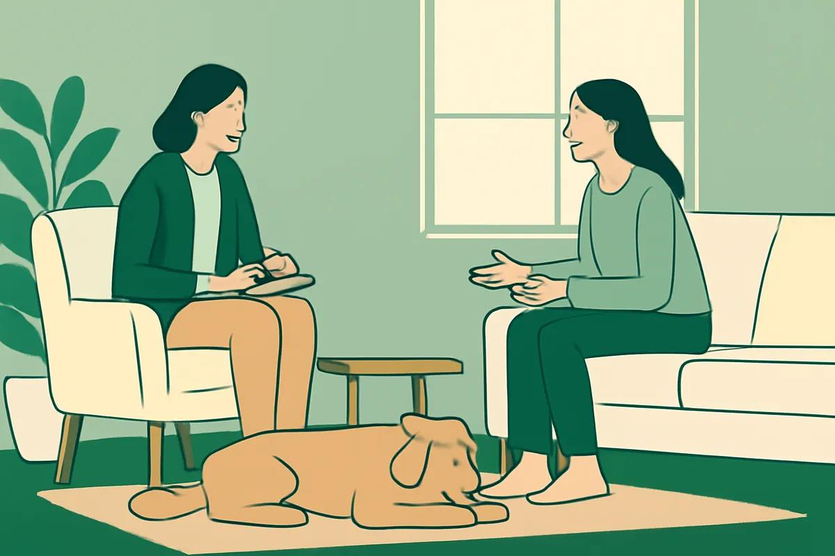 A behavior consultant in an armchair taking notes while an owner on the sofa talks, a calm dog lying on the rug between them