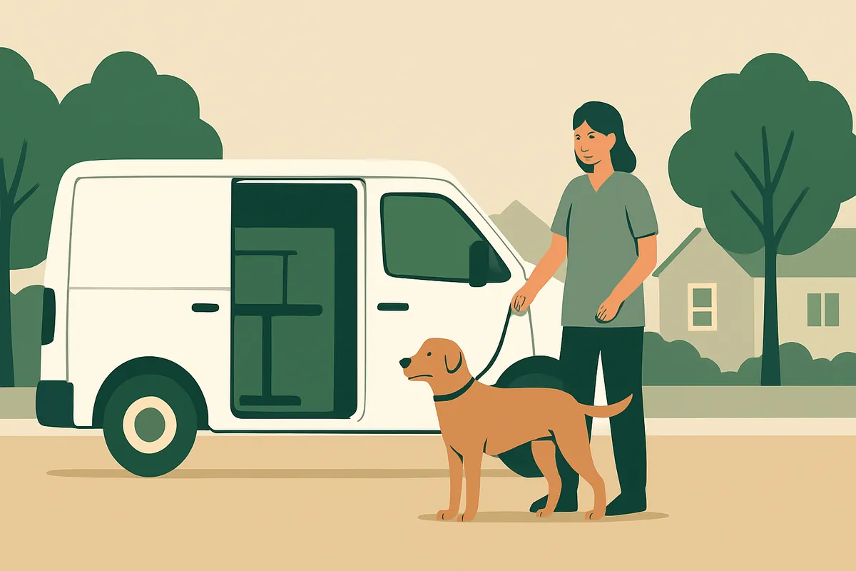 A groomer standing with a dog on a lead beside a white van whose open side door shows a grooming table inside