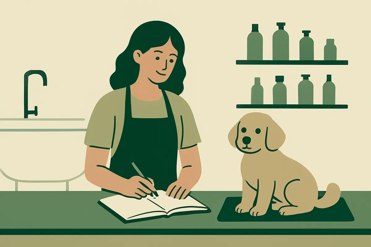 A dog groomer at a salon counter writing in an appointment book, a small dog sitting on a mat beside her and bottles on shelves behind