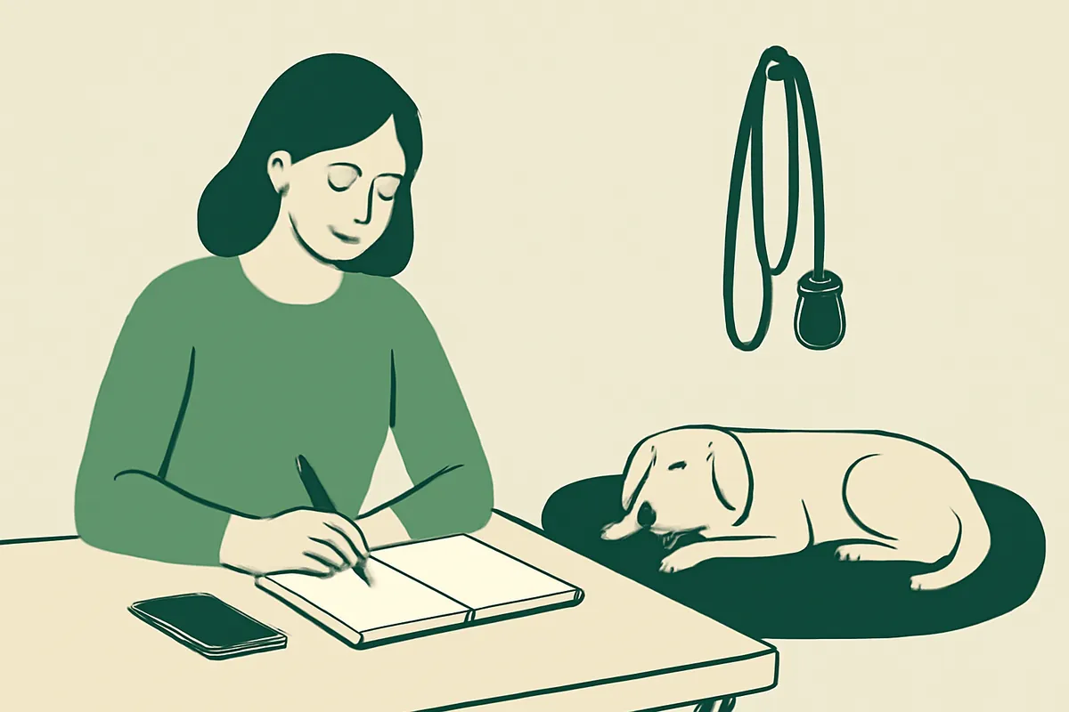 A dog trainer writing in a notebook at a table, a phone beside her, a dog asleep on a bed nearby and a leash hanging on the wall