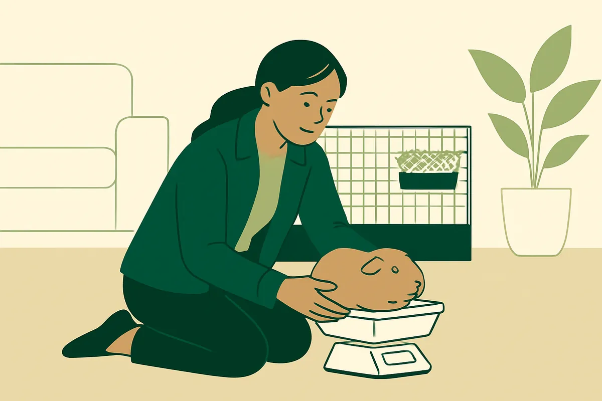 An exotic pet sitter kneeling on a living room floor weighing a guinea pig on kitchen scales, its enclosure and hay rack behind her