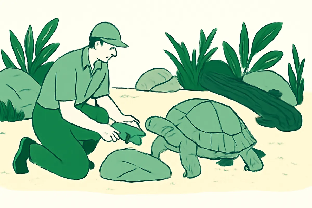 A zookeeper kneeling in a planted enclosure, offering leafy greens to a large tortoise beside a rock