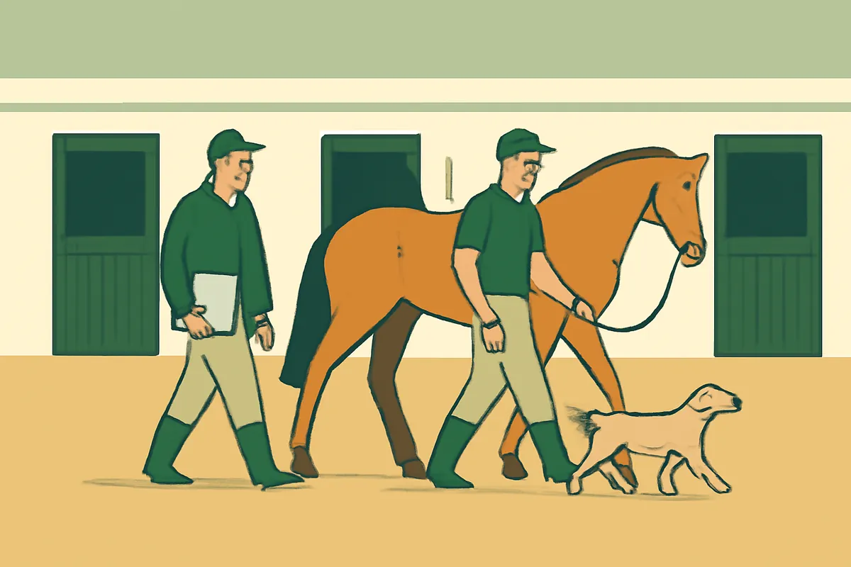 A yard manager carrying a clipboard walks beside a groom leading a chestnut horse across a stable yard, a dog trotting alongside