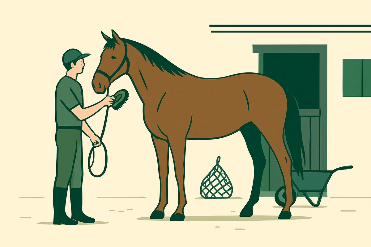 A groom standing at a bay horse's head in a stable yard, holding the lead rope in one hand and brushing its neck with the other, stable doors and a wheelbarrow behind