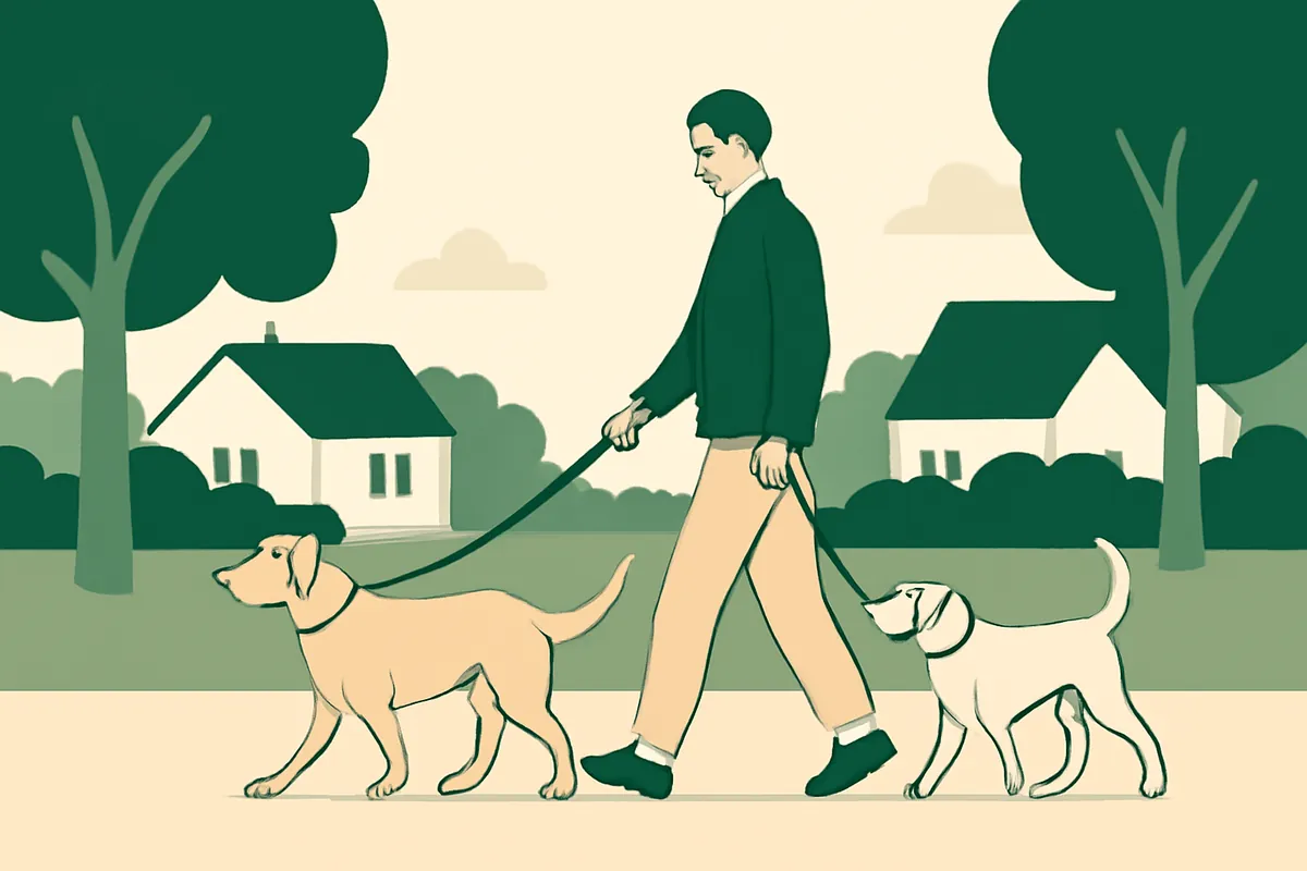 A dog walker walking two dogs on leads along a quiet suburban street lined with trees and houses