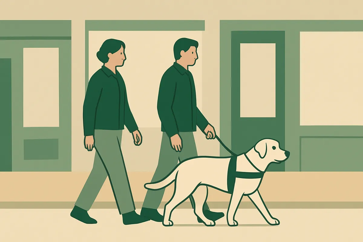A trainer walking beside a handler and a calm Labrador in a working harness along a quiet street of shopfronts