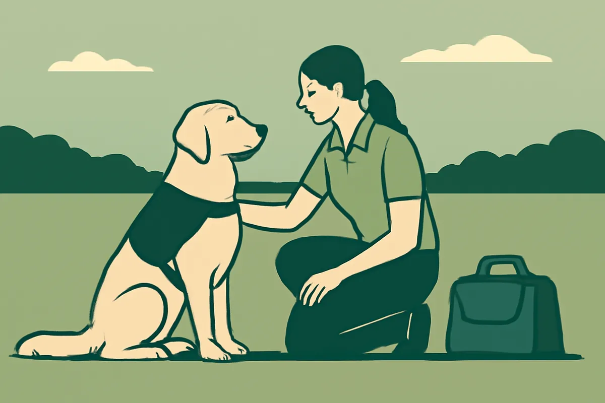 A service dog trainer kneeling beside a calm retriever in a plain working vest on a grassy field, a training bag beside her