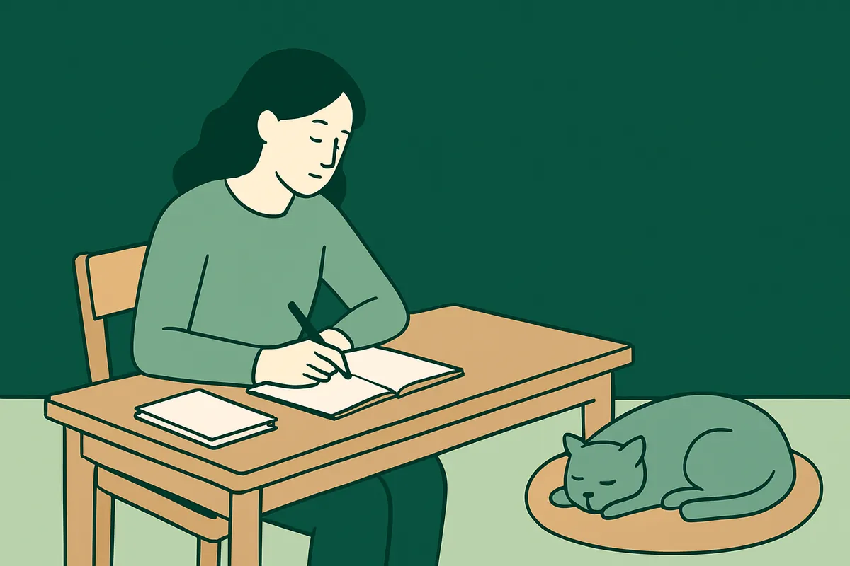 A pet sitter at a desk writing in a notebook, a cat asleep on a round cushion on the floor nearby