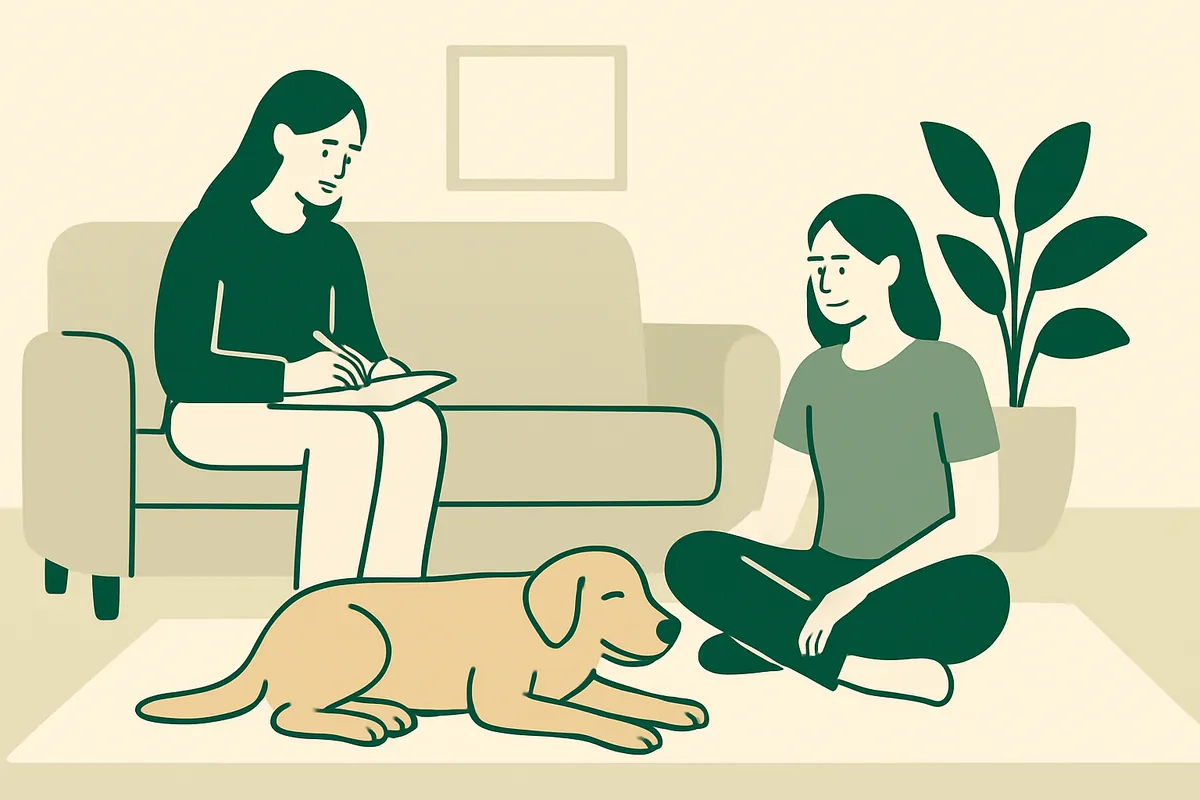 A behavior consultant sitting on the floor of a calm living room, observing a relaxed dog while its owner takes notes