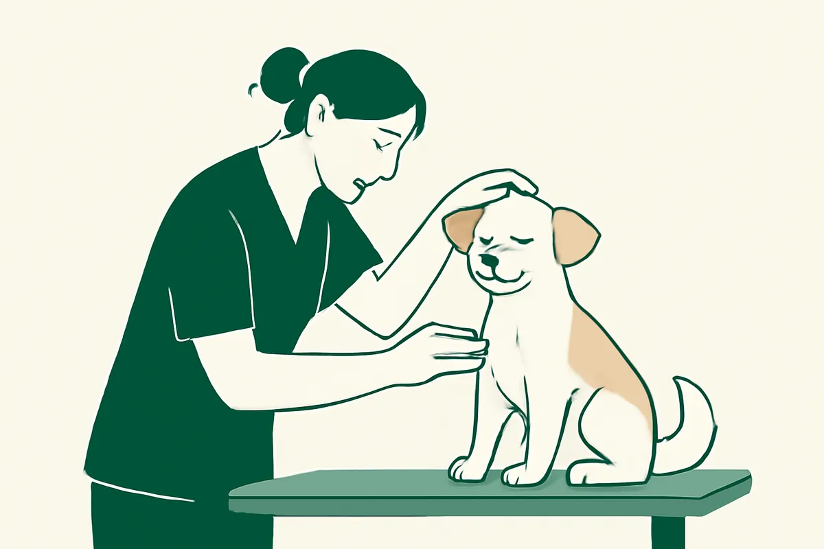 A groomer checking a dog's ear and coat on the table before starting a groom