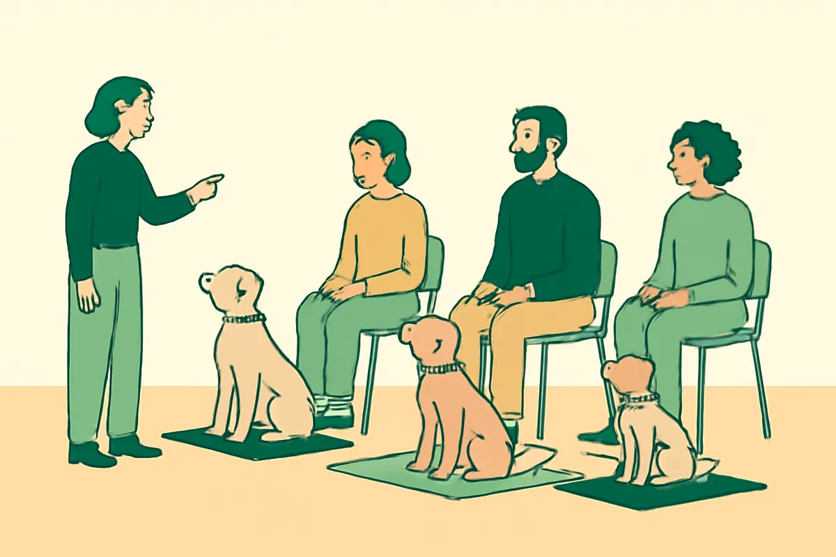 A trainer demonstrating to three owners in a small puppy class, each puppy settled on its own mat