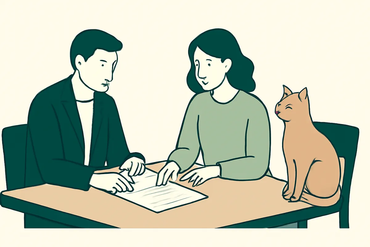 A consultant and an owner reviewing a written feeding plan at a table while a cat sits nearby