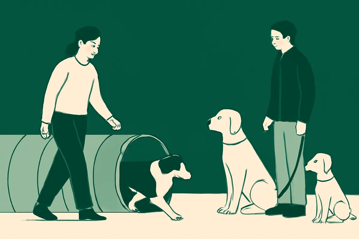 An agility class: a dog coming out of a tunnel as its handler walks alongside, while the instructor waits with two calm dogs