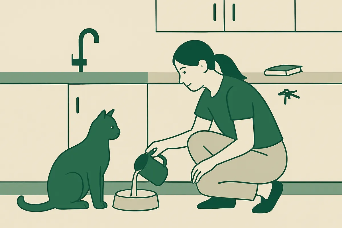A pet sitter crouching in a kitchen to pour fresh water into a cat's bowl while the cat sits and watches